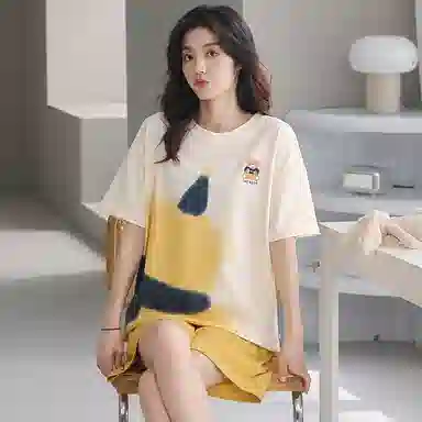 贴身领域 夏季 小熊卡通印花短袖纯棉透气可外穿舒适短裤睡衣套装 女款 杏色