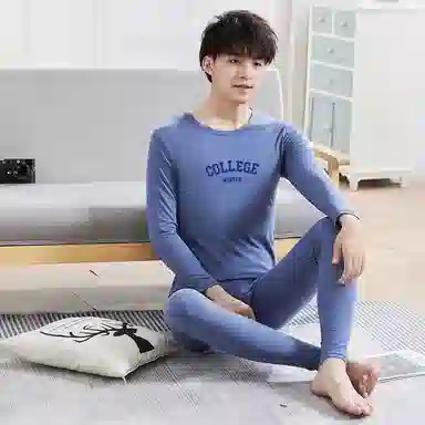 贴身领域 青少年学生青年纯棉时尚可外穿圆领长袖印花秋衣秋裤打底棉毛衫大学生高中生内衣保暖套装 男