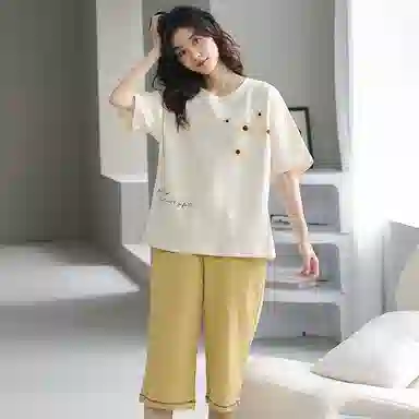 贴身领域 时尚圆领短袖七分短裤带口袋可外穿棉质休闲家居服夏季睡衣套装 女款 米黄