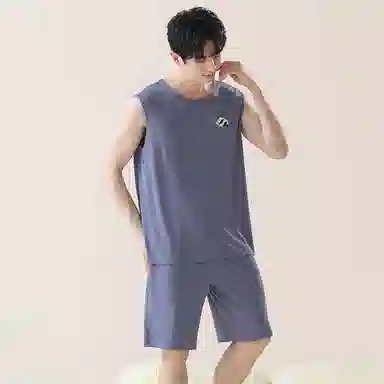 贴身领域 卡通印花圆领可外穿无袖背心松紧腰五分裤薄款柔软亲肤睡衣套装 男款 灰蓝