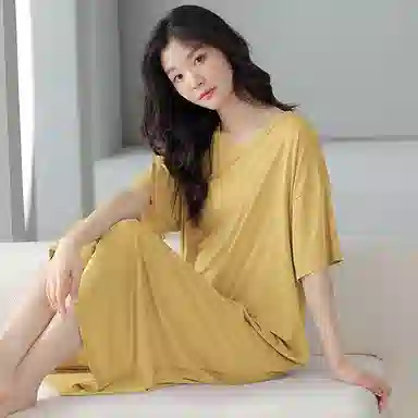 贴身领域 纯色带胸垫薄款套头短袖休闲睡裙 女款 黄色