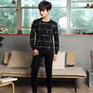 贴身领域 圆领可外穿加厚加绒印花冬季青年内衣保暖套装 男款