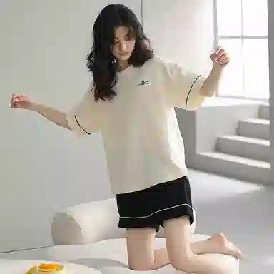 贴身领域 时尚字母圆领短袖带口袋可外穿薄款棉质休闲家居服三分裤睡衣套装 女款 图色