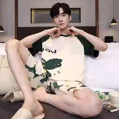 贴身领域 拼接撞色纯棉短袖薄款舒适短裤睡衣套装 男款 浅杏色