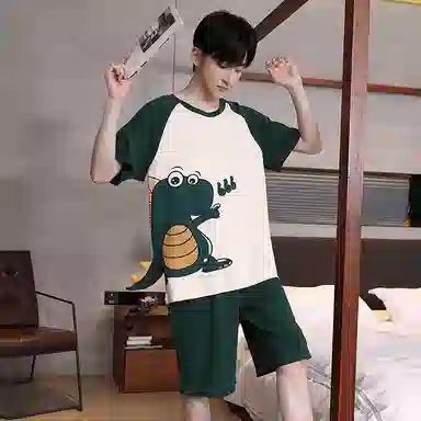 贴身领域 卡通印花拼接撞色圆领纯棉短袖薄款潮宽松舒适睡衣套装 男款 深绿
