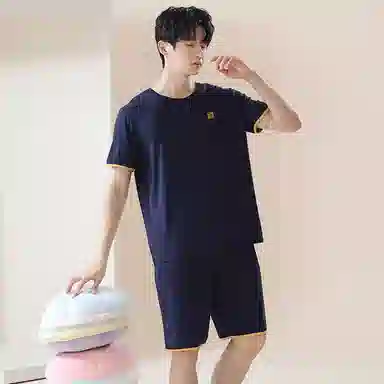 贴身领域 时尚简约纯色印花薄款圆领短袖可外穿家居服休闲短裤睡衣套装 男款 宝蓝