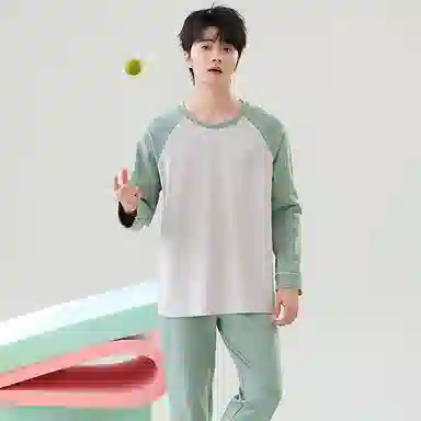贴身领域 撞色圆领舒适透气可外穿简约亲肤睡衣套装 男款