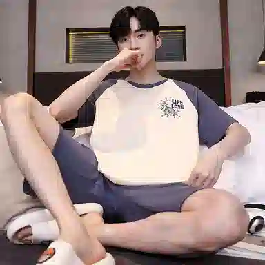 贴身领域 字母印花拼接撞色圆领纯棉短袖薄款舒适短裤睡衣套装 男款