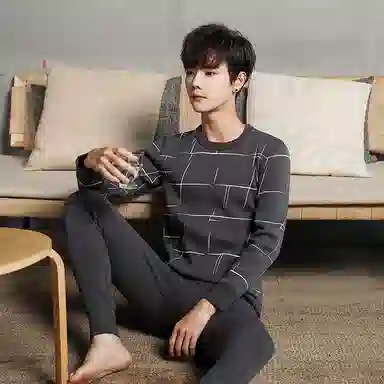 贴身领域 圆领可外穿加厚加绒印花冬季青年内衣保暖套装 男款