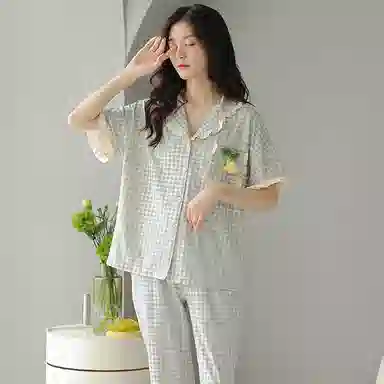 贴身领域 法式带口袋弹力休闲舒适短袖长裤可外穿家居服睡衣套装 女款 图色