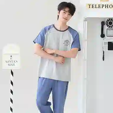 贴身领域 圆领舒适透气短袖长裤可外穿柔软简约亲肤睡衣套装 男款