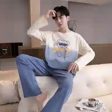 贴身领域 圆领简约上衣松紧腰卡通长裤睡衣套装 男款