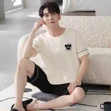 贴身领域 纯棉圆领卡通字母印花短袖松紧腰睡衣套装 男款 杏色