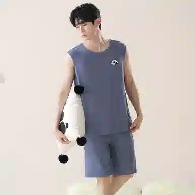 贴身领域 卡通印花圆领可外穿无袖背心松紧腰五分裤薄款柔软亲肤睡衣套装 男款 灰蓝