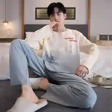 贴身领域 青少年纯棉舒适亲肤字母印花圆领可外穿长袖长裤薄款内衣家居服睡衣套装 男款