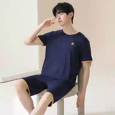 贴身领域 时尚简约纯色印花薄款圆领短袖可外穿家居服休闲短裤睡衣套装 男款 宝蓝