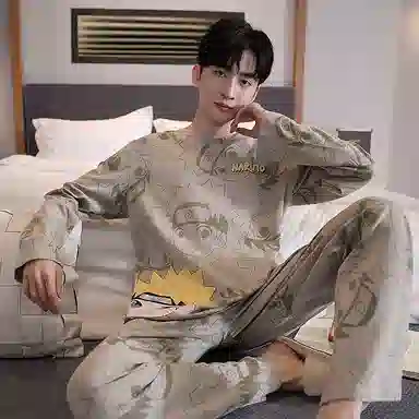 贴身领域 圆领简约上衣松紧腰卡通长裤睡衣套装 男款
