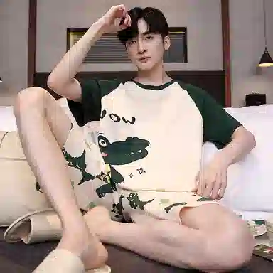 贴身领域 拼接撞色纯棉短袖薄款舒适短裤睡衣套装 男款 浅杏色