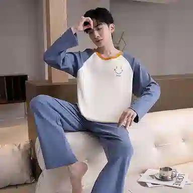 贴身领域 圆领简约上衣松紧腰卡通长裤睡衣套装 男款