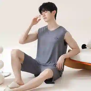 贴身领域 纯色圆领套头无袖睡衣套装 男款 灰色