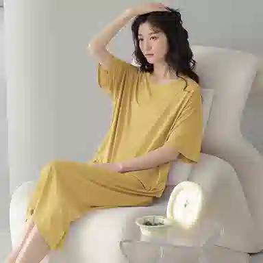 贴身领域 纯色带胸垫薄款套头短袖休闲睡裙 女款 黄色