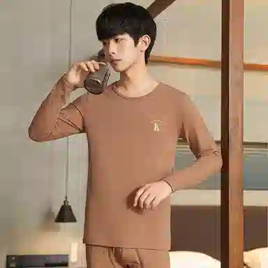 贴身领域 男士抑菌纯棉印花青少年秋衣秋裤纯色居家睡衣初高中学生圆领长袖长裤薄内衣保暖套装 男款