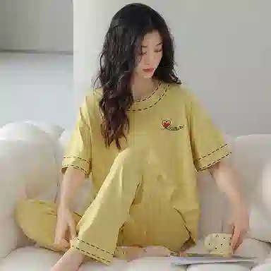 贴身领域 爱心印花圆领短袖格子长裤薄款休闲可外穿家居服睡衣套装 女款 黄色