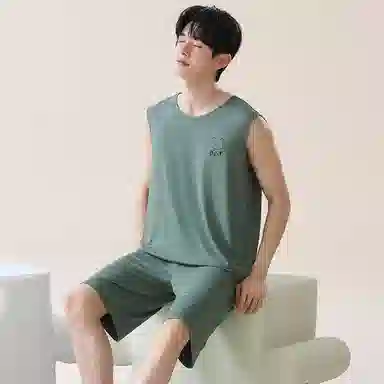 贴身领域 小熊印花圆领套头无袖睡衣套装 男款 树绿