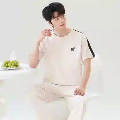 贴身领域 圆领舒适透气短袖长裤可外穿柔软简约亲肤睡衣套装 男款