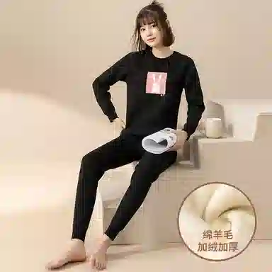 贴身领域 华夫格加绒加厚可爱圆领磨毛绒感秋衣秋裤防寒保暖套装 女款