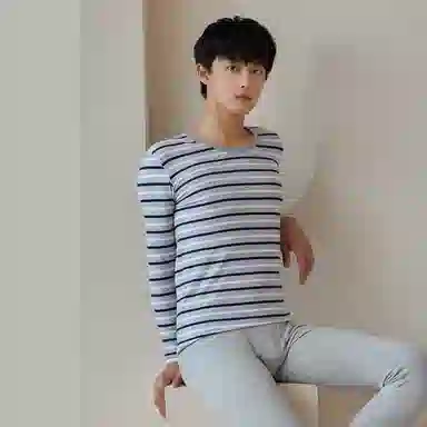 贴身领域 纯棉青少年秋衣条纹薄款可外穿长袖长裤内衣保暖套装 男款