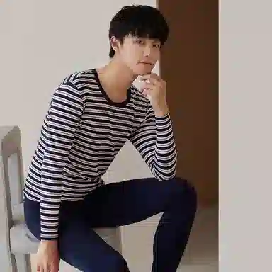 贴身领域 纯棉青少年秋衣条纹薄款可外穿长袖长裤内衣保暖套装 男款