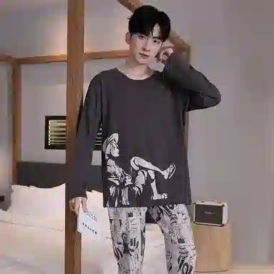 贴身领域 圆领简约上衣松紧腰卡通长裤睡衣套装 男款