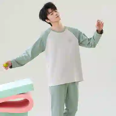 贴身领域 撞色圆领舒适透气可外穿简约亲肤睡衣套装 男款