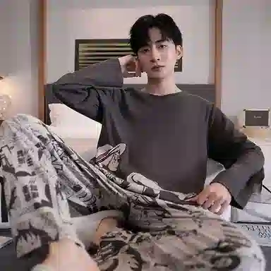 贴身领域 圆领简约上衣松紧腰卡通长裤睡衣套装 男款