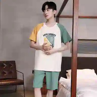 贴身领域 青少年字母印花拼接圆领短袖舒适透气亲肤五分裤可外穿家居服睡衣套装 男款 中绿
