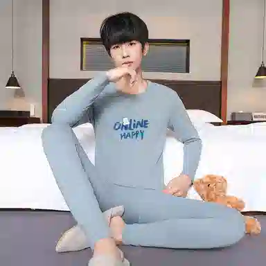 贴身领域 男士抑菌纯棉印花青少年秋衣秋裤纯色居家睡衣初高中学生圆领长袖长裤薄内衣保暖套装 男款