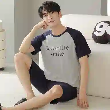 贴身领域 字母印花拼接撞色圆领短袖薄款舒适短裤可外穿家居服睡衣套装 男款 花灰色