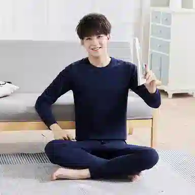 贴身领域 加厚加绒青年圆领纯色可外穿简约内衣秋衣秋裤打底保暖套装 男款