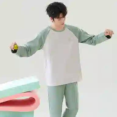 贴身领域 撞色圆领舒适透气可外穿简约亲肤睡衣套装 男款