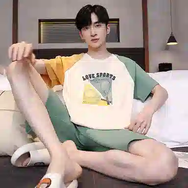 贴身领域 青少年字母印花拼接圆领短袖舒适透气亲肤五分裤可外穿家居服睡衣套装 男款 中绿