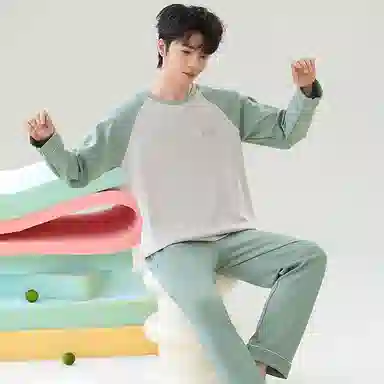 贴身领域 撞色圆领舒适透气可外穿简约亲肤睡衣套装 男款