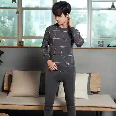 贴身领域 圆领可外穿加厚加绒印花冬季青年内衣保暖套装 男款