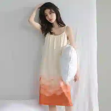 贴身领域 水墨印花蝴蝶结可爱吊带睡裙 女款 杏色