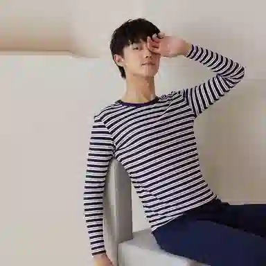 贴身领域 纯棉青少年秋衣条纹薄款可外穿长袖长裤内衣保暖套装 男款