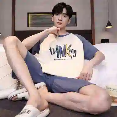 贴身领域 夏季 卡通拼接撞色短袖薄款舒适五分裤睡衣套装 男款 杏色