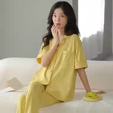 贴身领域 短袖长裤可外穿休闲家居服睡衣套装 女款 黄色