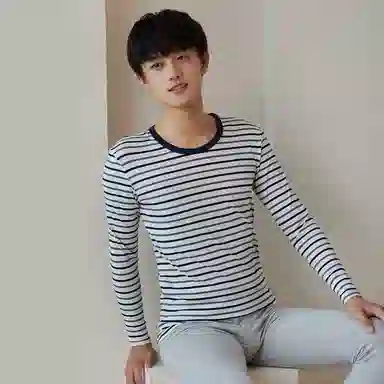 贴身领域 纯棉青少年秋衣条纹薄款可外穿长袖长裤内衣保暖套装 男款