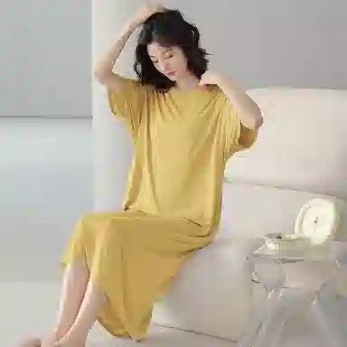 贴身领域 纯色带胸垫薄款套头短袖休闲睡裙 女款 黄色