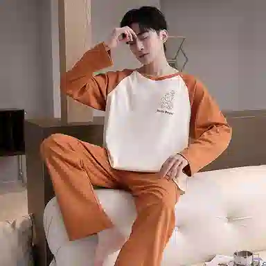 贴身领域 圆领简约上衣松紧腰卡通长裤睡衣套装 男款